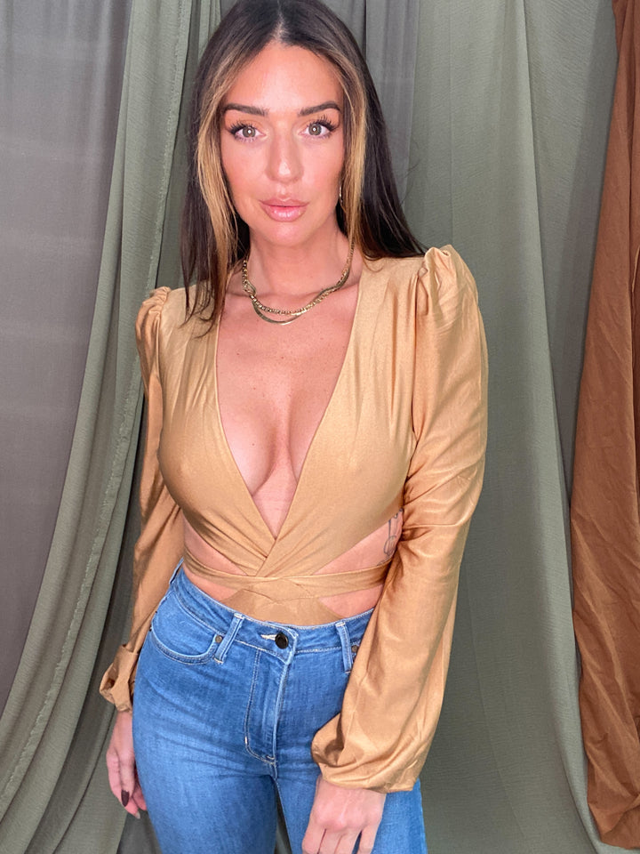 Attraction Long Sleeve Cut Out Bodysuit in Bronze