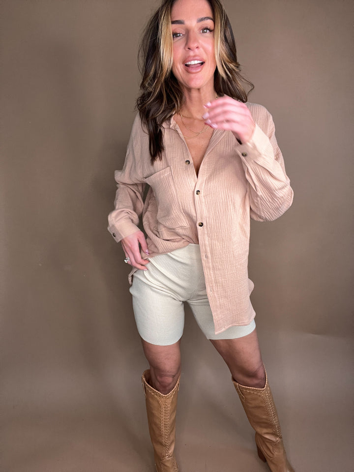 Effortless Cotton Ribbed Biker Shorts in Sand