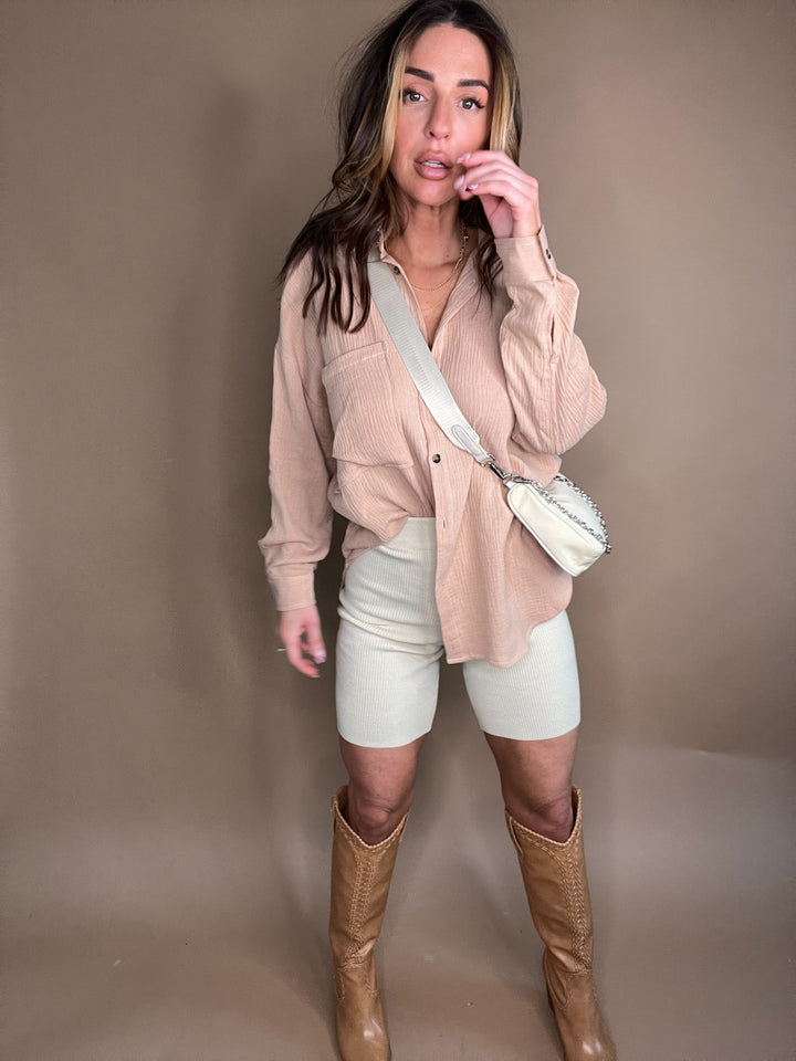 Effortless Cotton Ribbed Biker Shorts in Sand