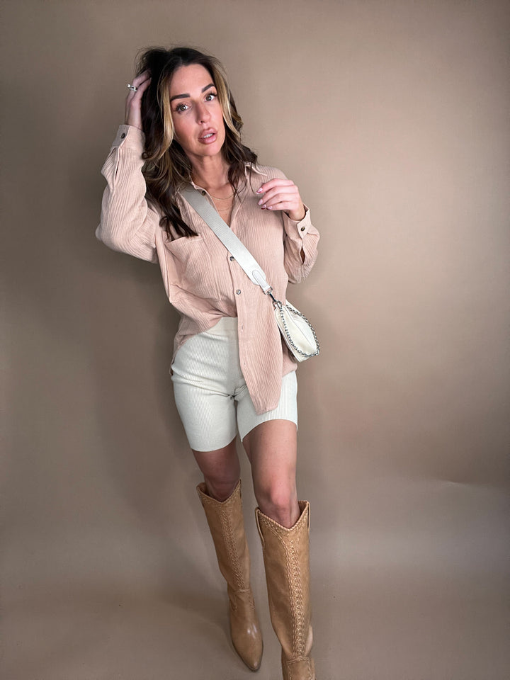 Effortless Cotton Ribbed Biker Shorts in Sand