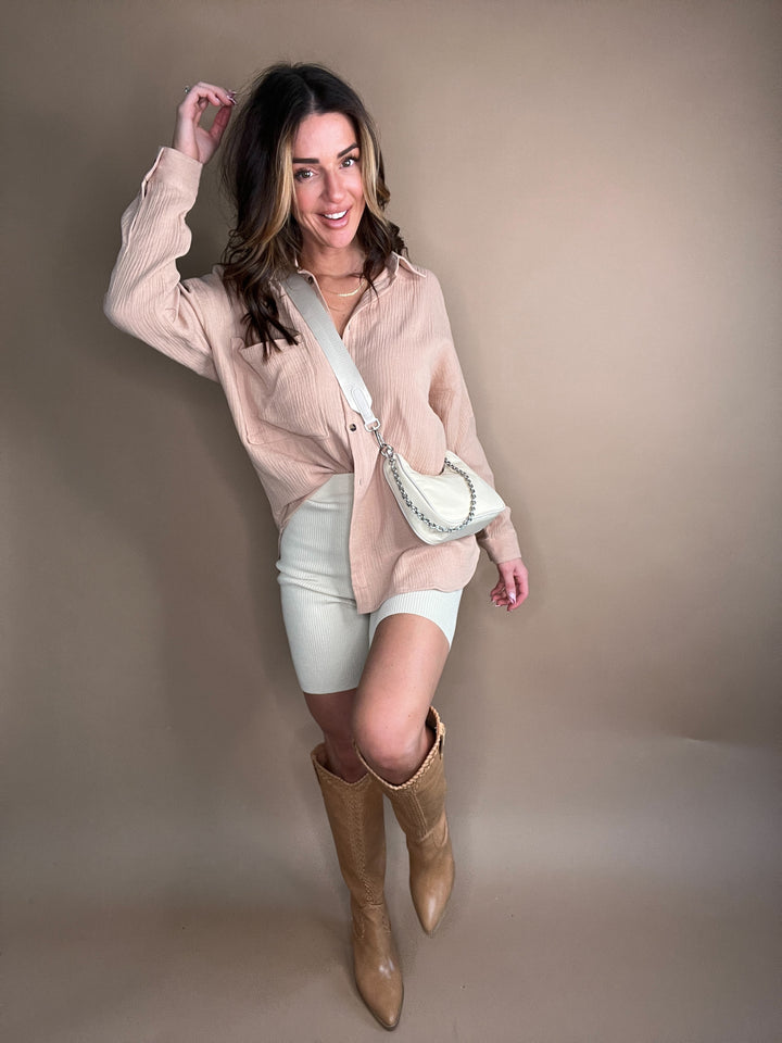 Effortless Cotton Ribbed Biker Shorts in Sand