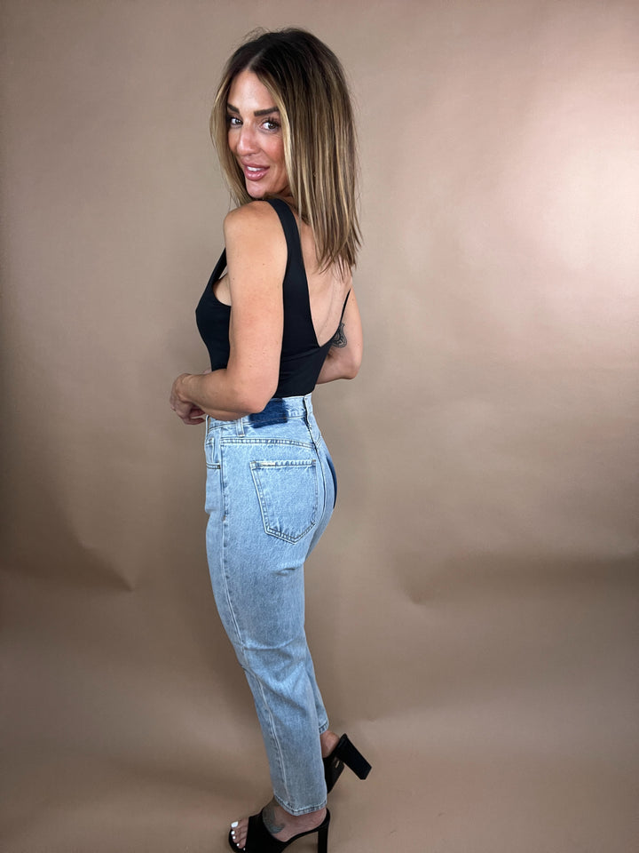 Rachel High Rise Distressed Tapered Leg Denim