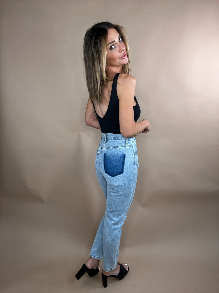 Rachel High Rise Distressed Tapered Leg Denim