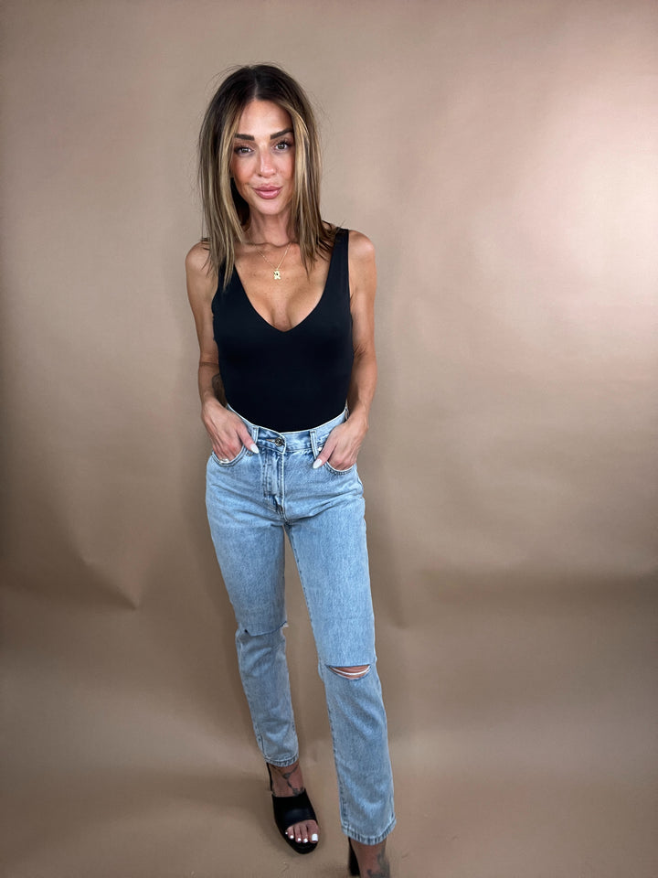 Rachel High Rise Distressed Tapered Leg Denim