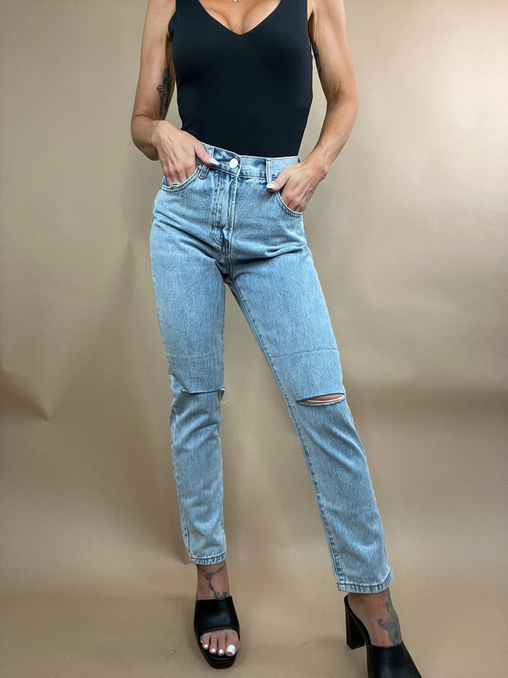 Rachel High Rise Distressed Tapered Leg Denim