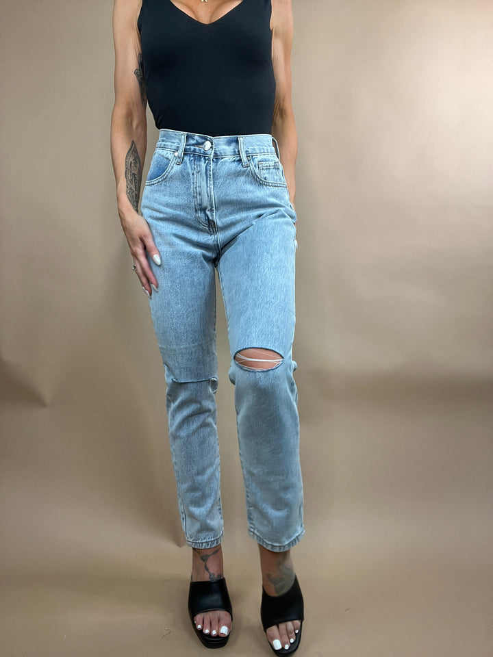 Rachel High Rise Distressed Tapered Leg Denim