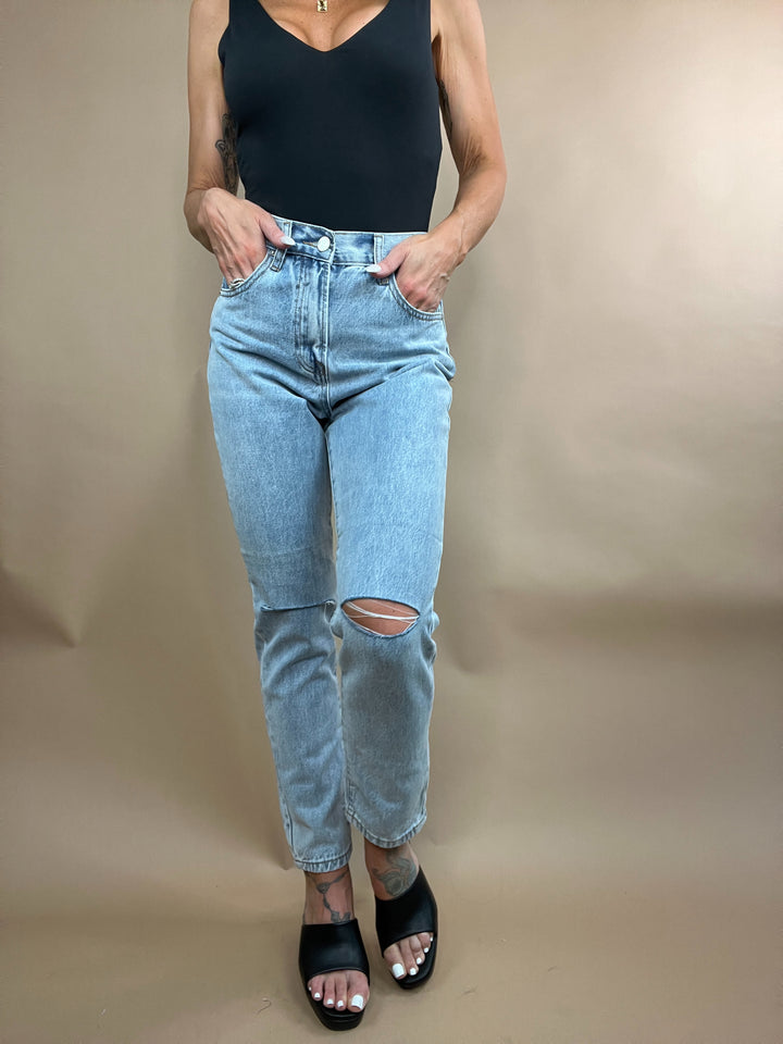 Rachel High Rise Distressed Tapered Leg Denim