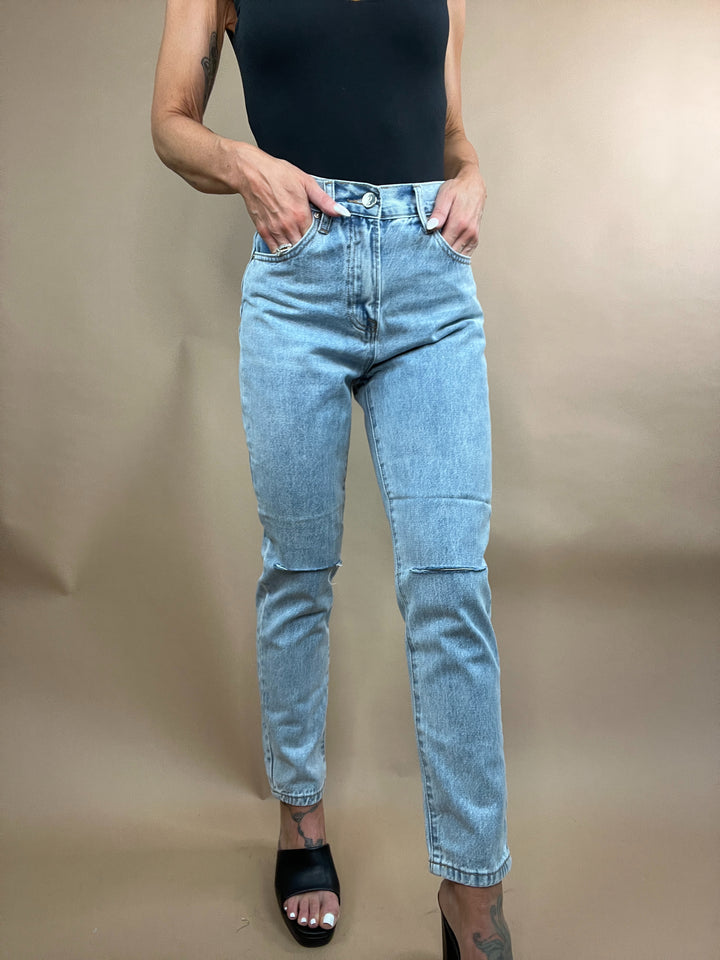 Rachel High Rise Distressed Tapered Leg Denim