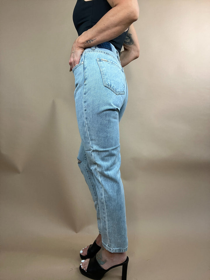 Rachel High Rise Distressed Tapered Leg Denim