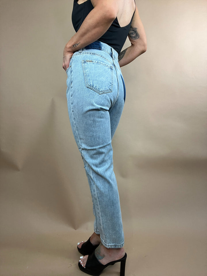 Rachel High Rise Distressed Tapered Leg Denim
