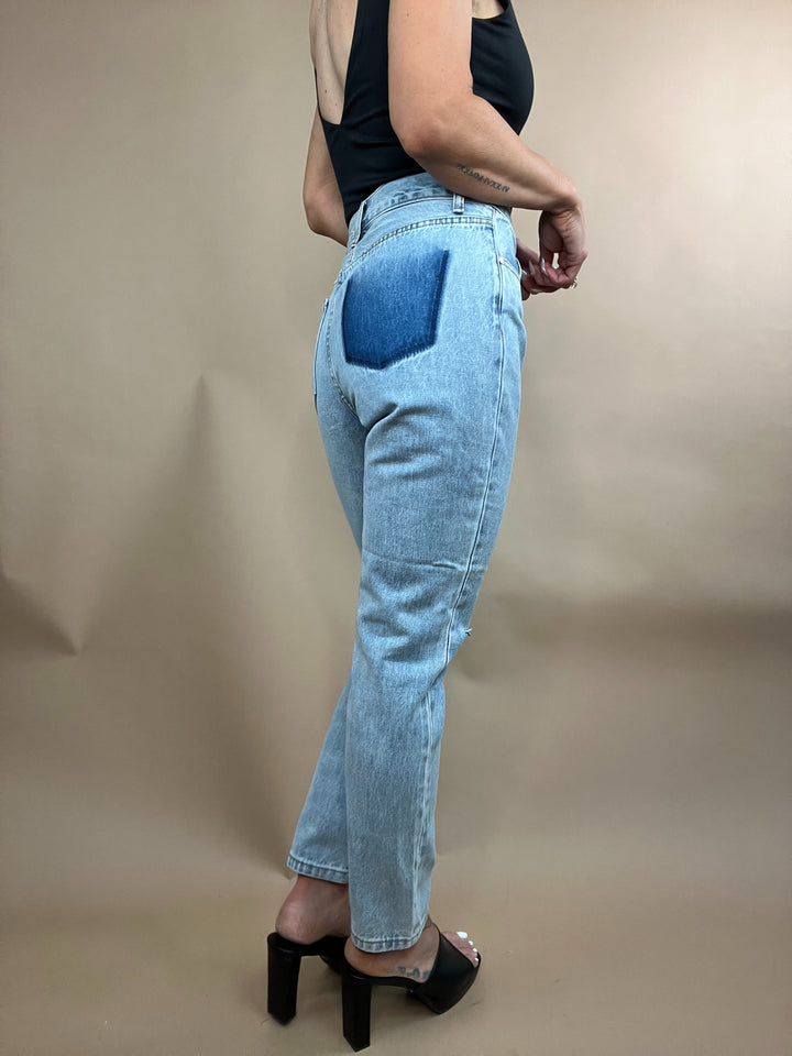 Rachel High Rise Distressed Tapered Leg Denim