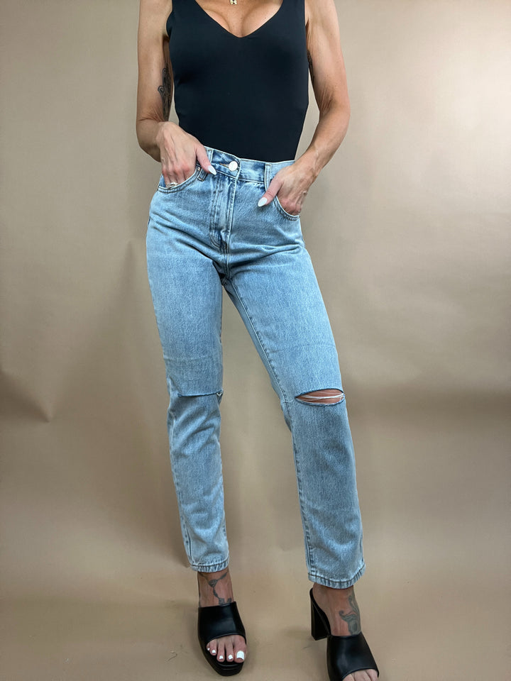 Rachel High Rise Distressed Tapered Leg Denim
