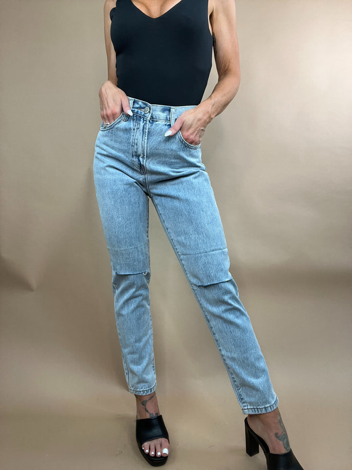 Rachel High Rise Distressed Tapered Leg Denim
