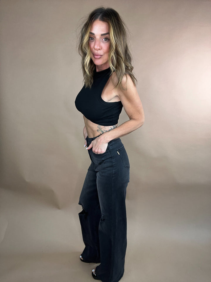 high rise denim black wash