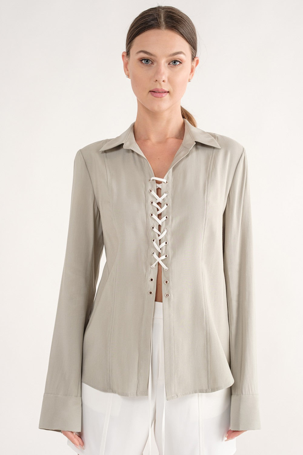 Ivy Lace-Up Long-Sleeve Top in Sage