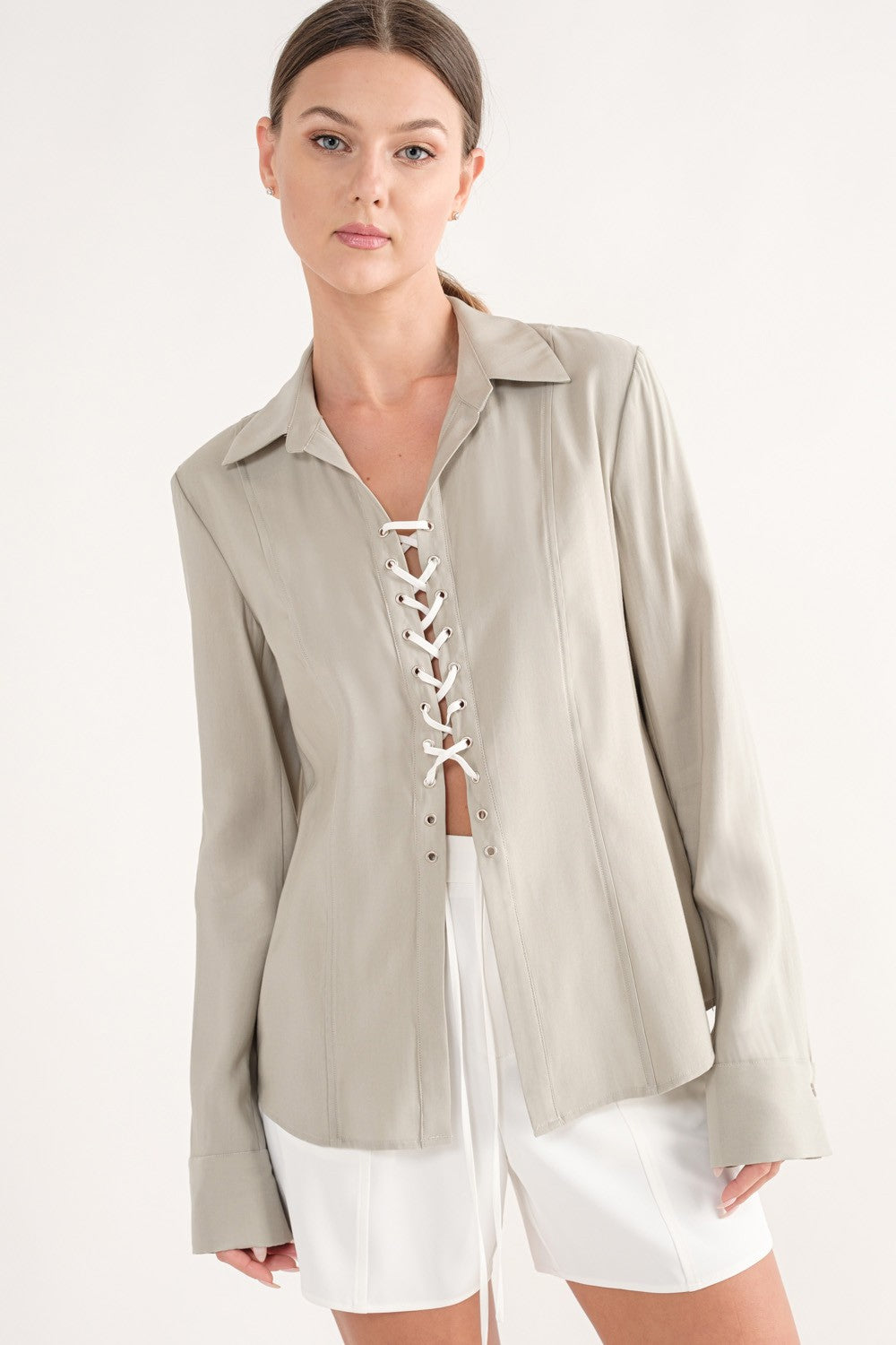 Ivy Lace-Up Long-Sleeve Top in Sage