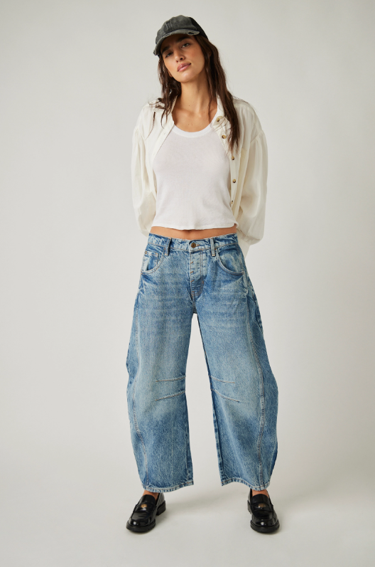 Good Luck Mid Rise Barrel Jeans by Free People in Ultra Light Beam