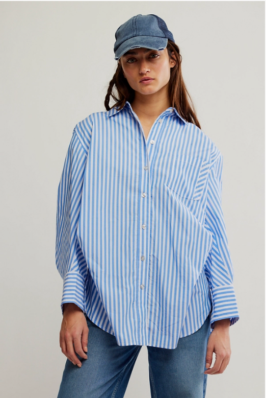 Sabine Tailored Striped Shirt in Blue by Free People