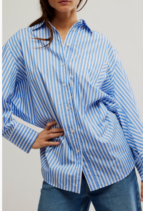 Sabine Tailored Striped Shirt in Blue by Free People