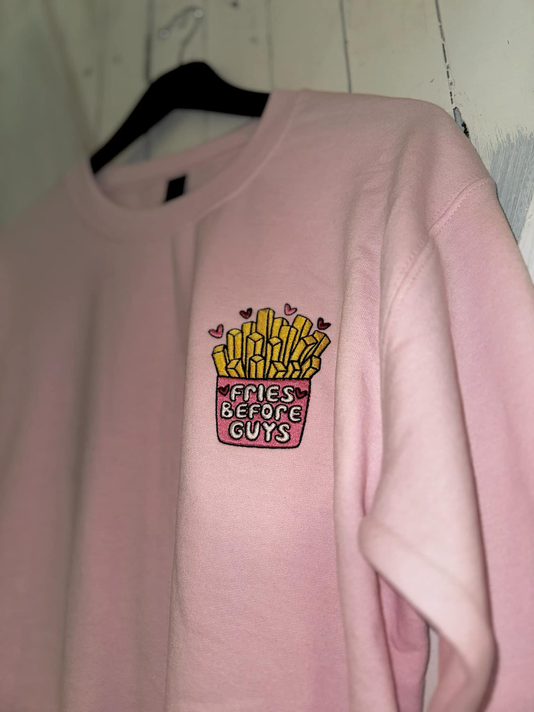 Fries Before Guys Crewneck in Soft Pink