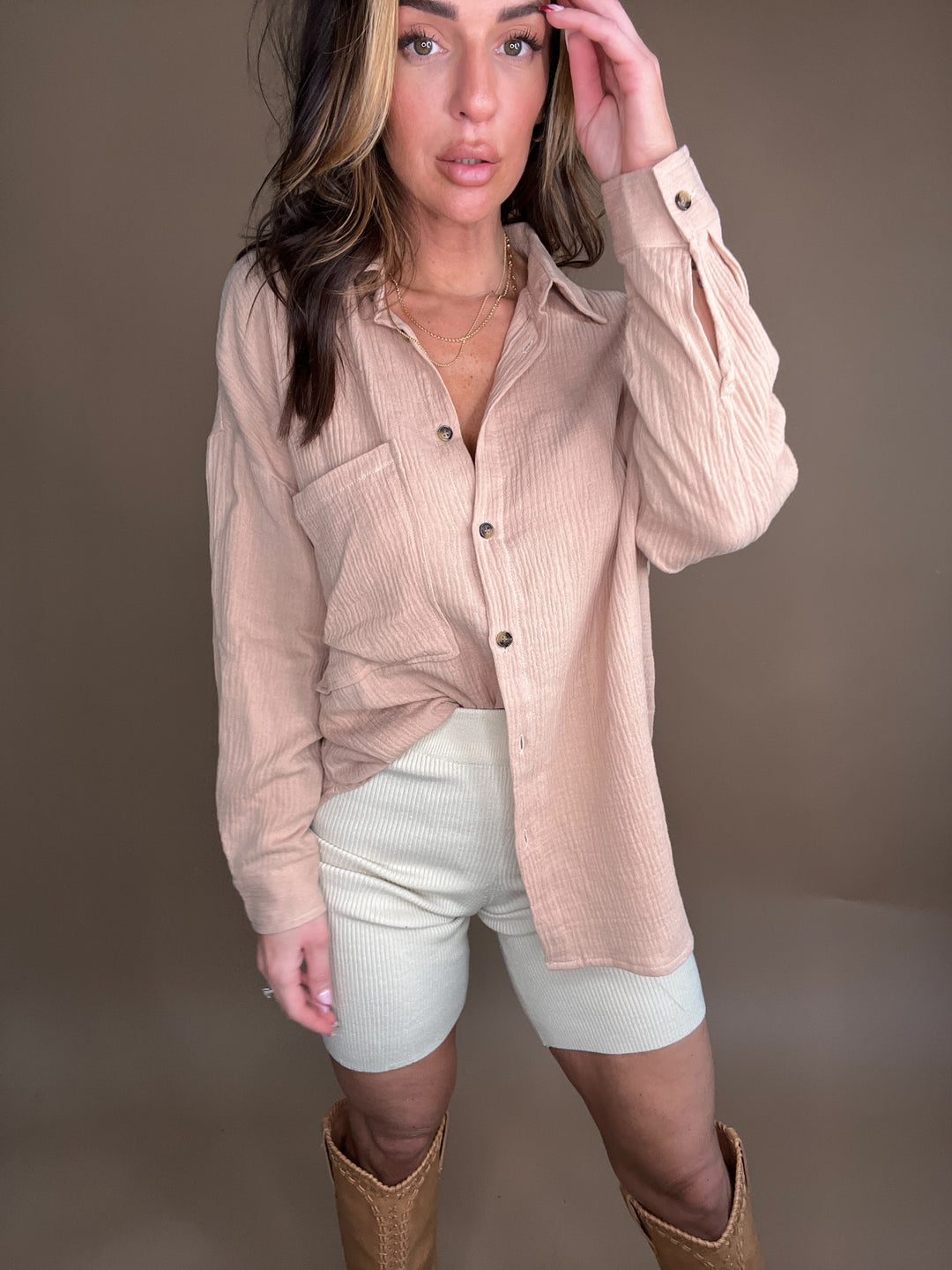 Effortless Cotton Ribbed Biker Shorts in Sand