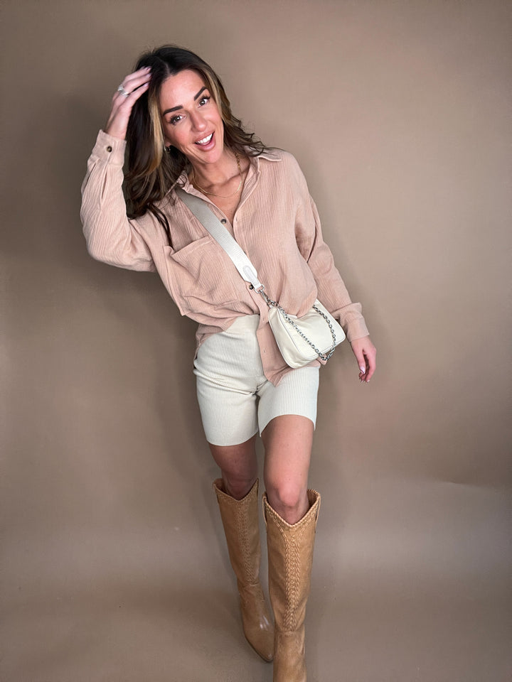 Effortless Cotton Ribbed Biker Shorts in Sand