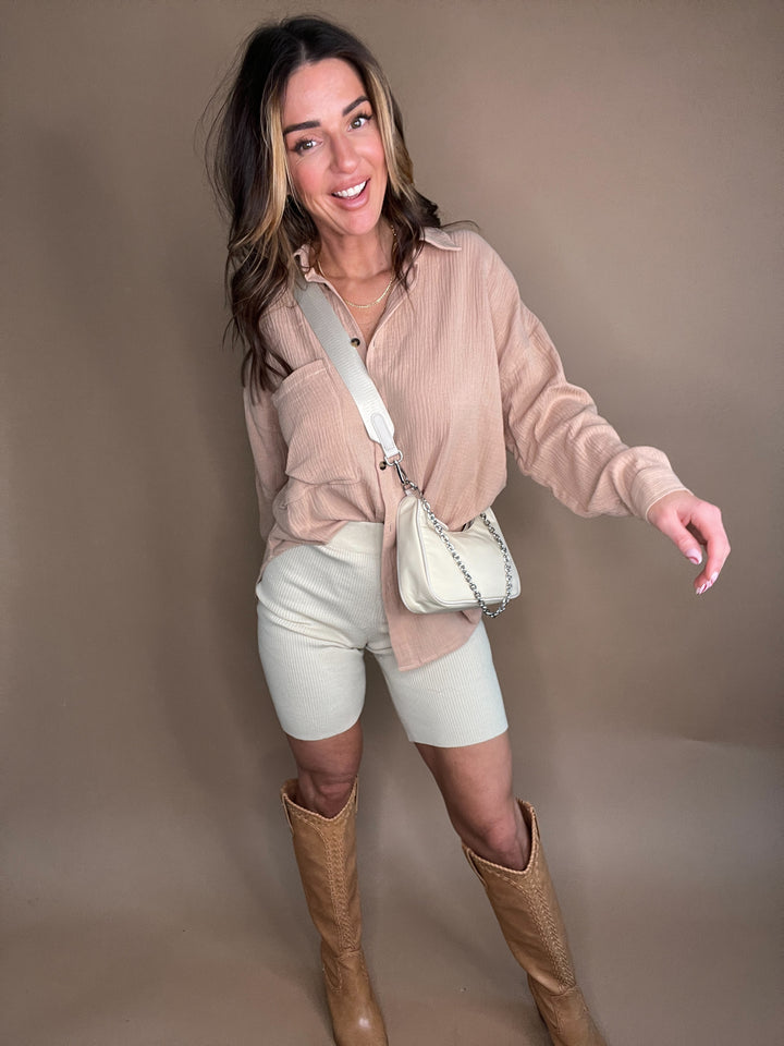Effortless Cotton Ribbed Biker Shorts in Sand