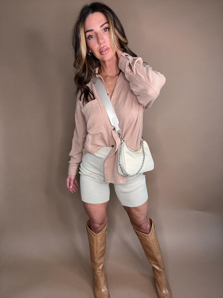 Effortless Cotton Ribbed Biker Shorts in Sand