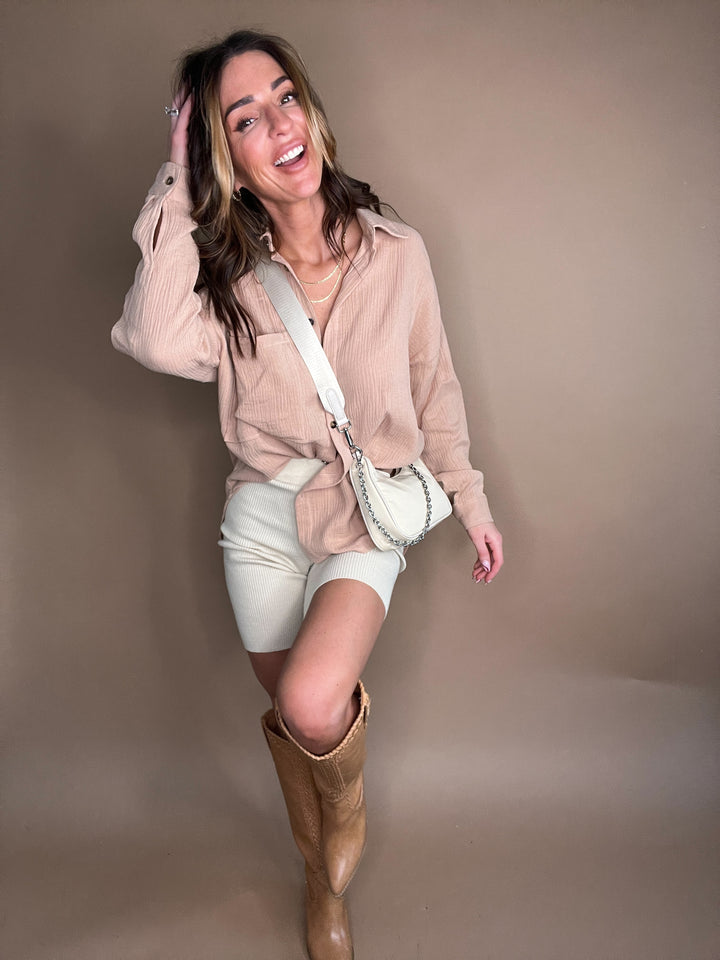 Effortless Cotton Ribbed Biker Shorts in Sand