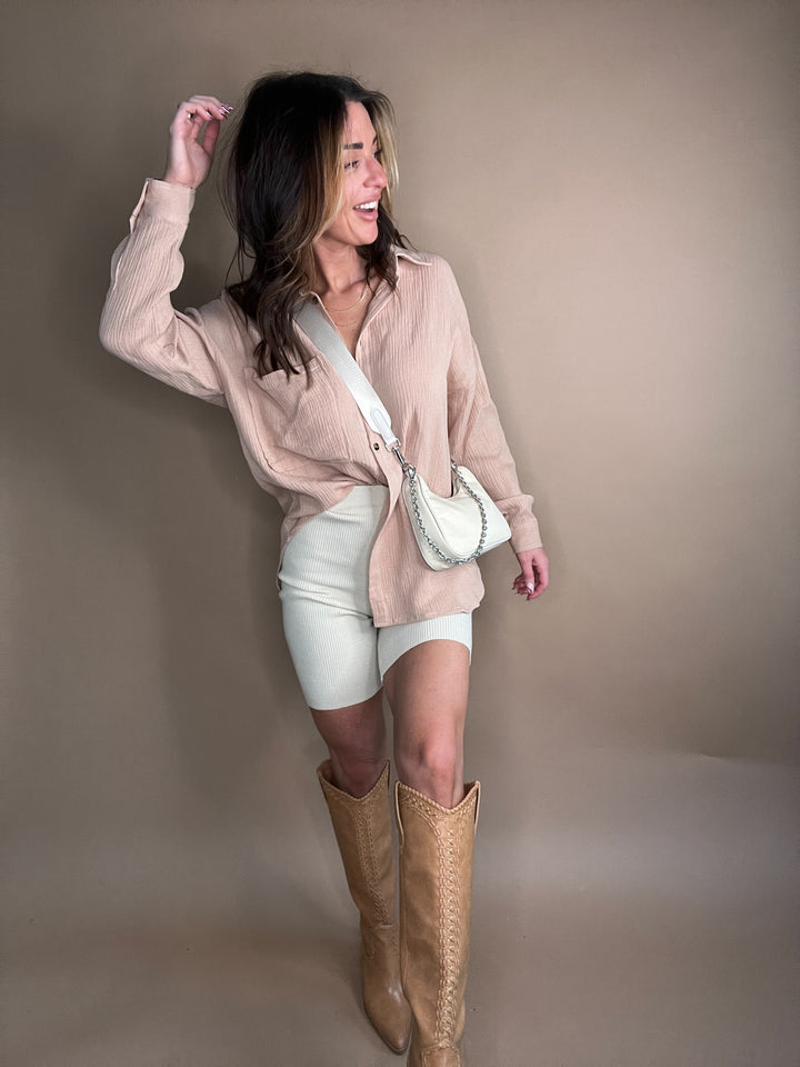 Effortless Cotton Ribbed Biker Shorts in Sand