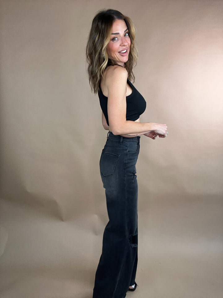 washed black high rise denim 