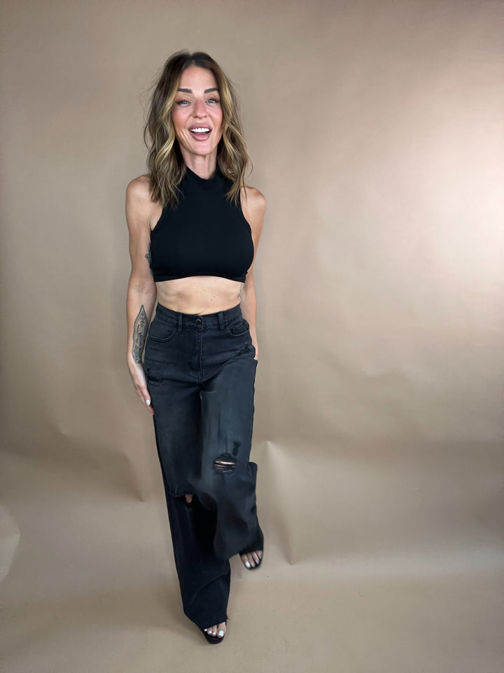 black high rise distressed denim 