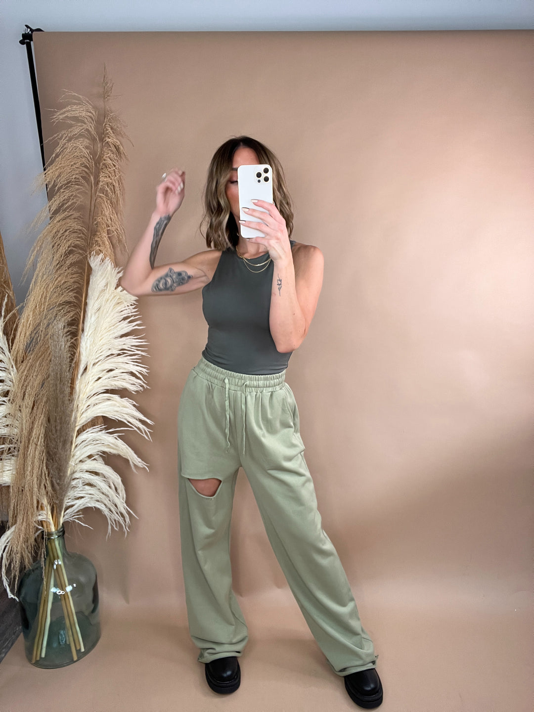 Knot Waist Wide Lounge Pants in Olive
